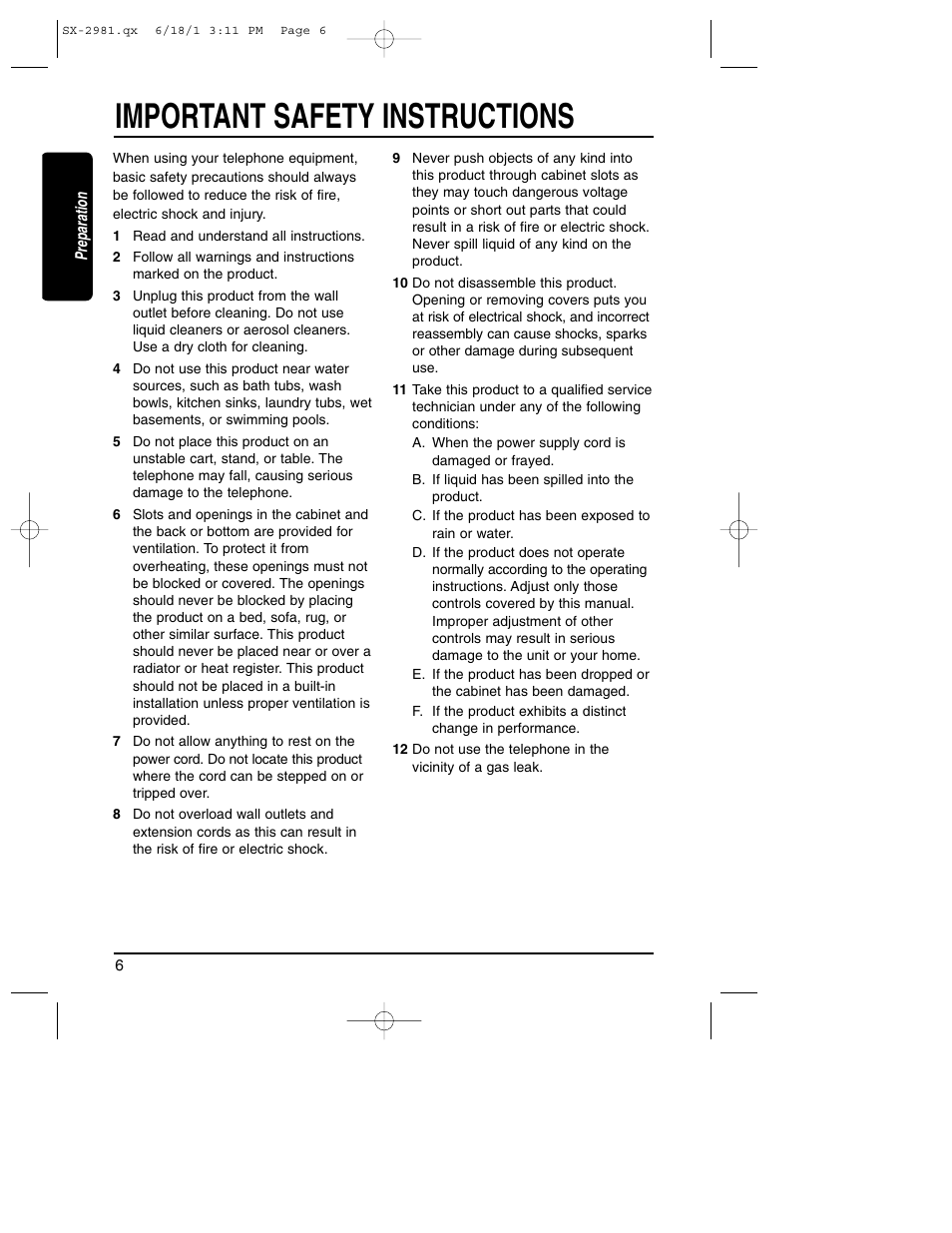 Safety instructions, Important safety instructions | Toshiba SX-2981 User Manual | Page 6 / 55