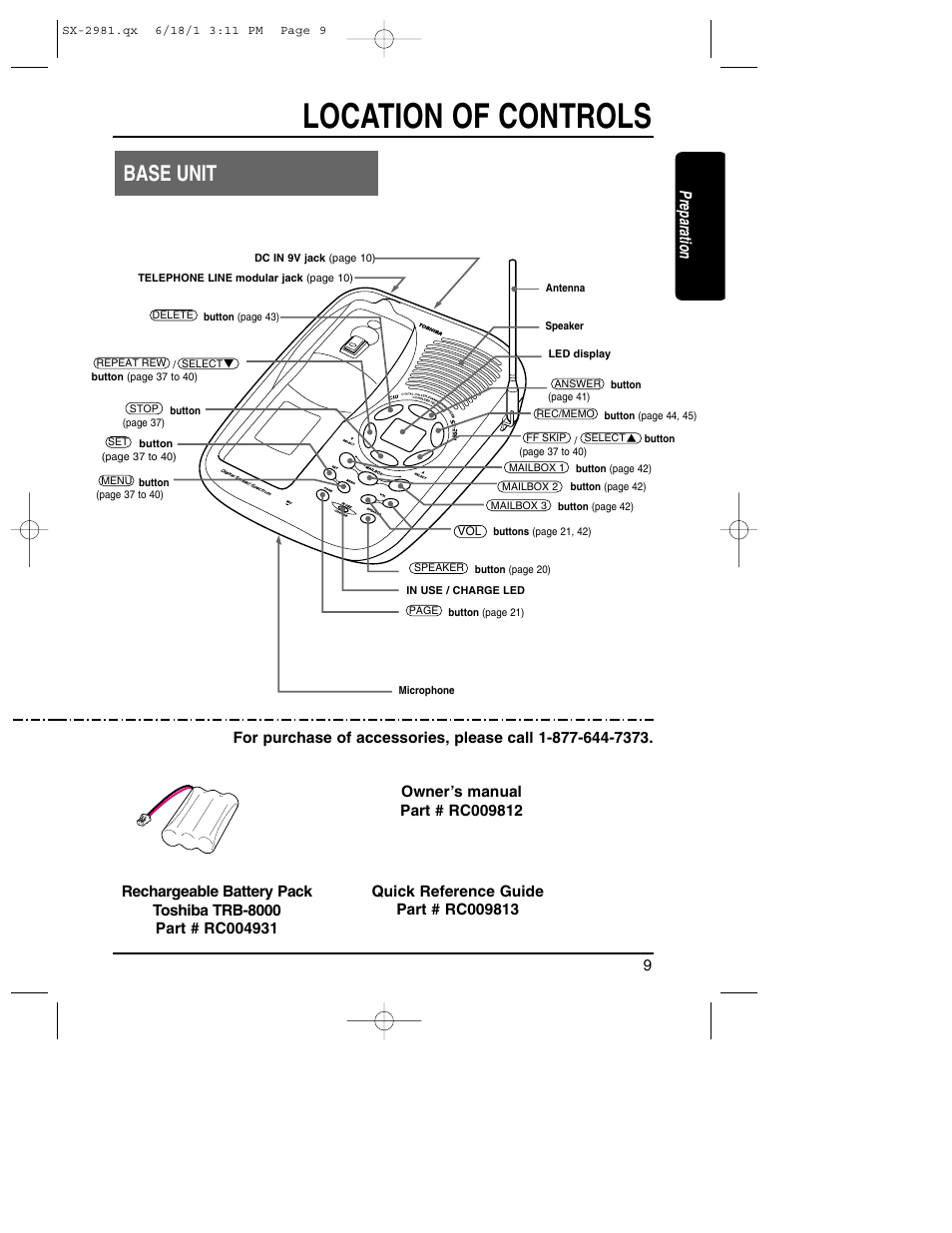 Location of controls, Base unit, Preparation | Toshiba SX-2981 User Manual | Page 9 / 55