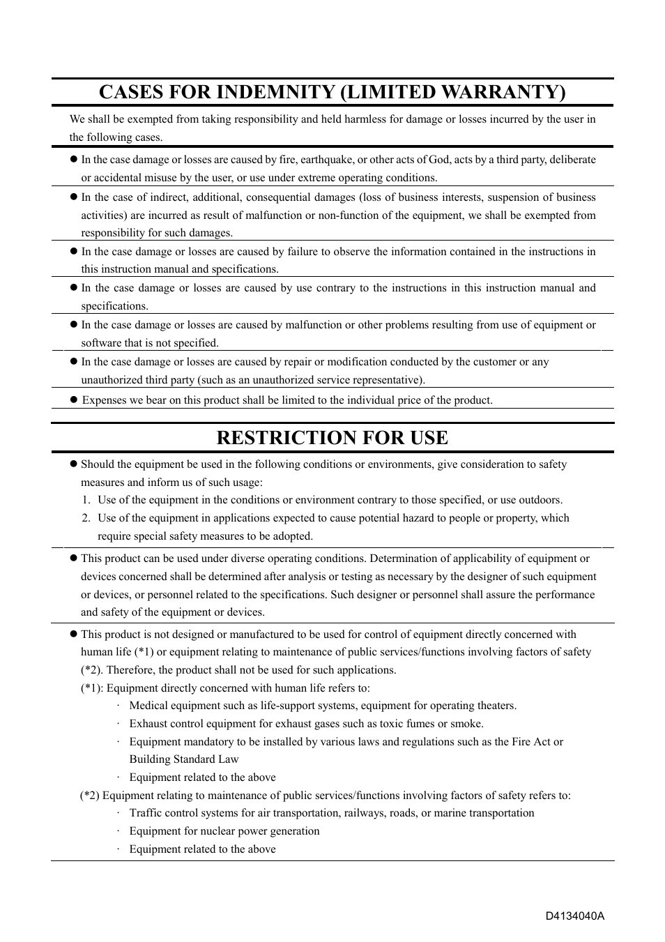Cases for indemnity (limited warranty), Restriction for use | Toshiba CSB1100CL-10 User Manual | Page 5 / 16