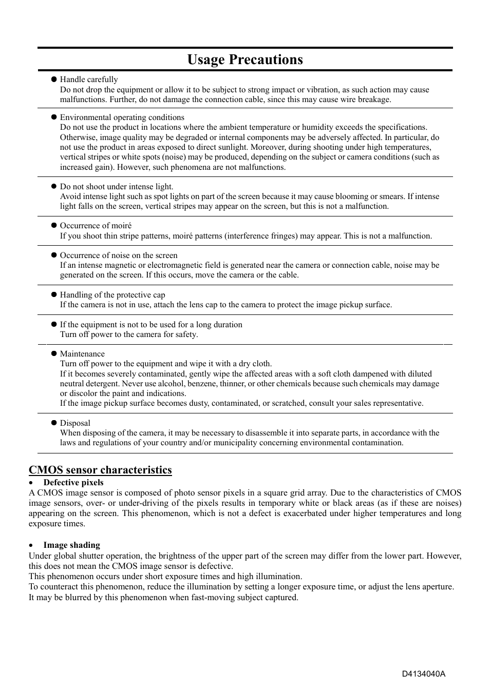 Usage precautions, Cmos sensor characteristics | Toshiba CSB1100CL-10 User Manual | Page 6 / 16