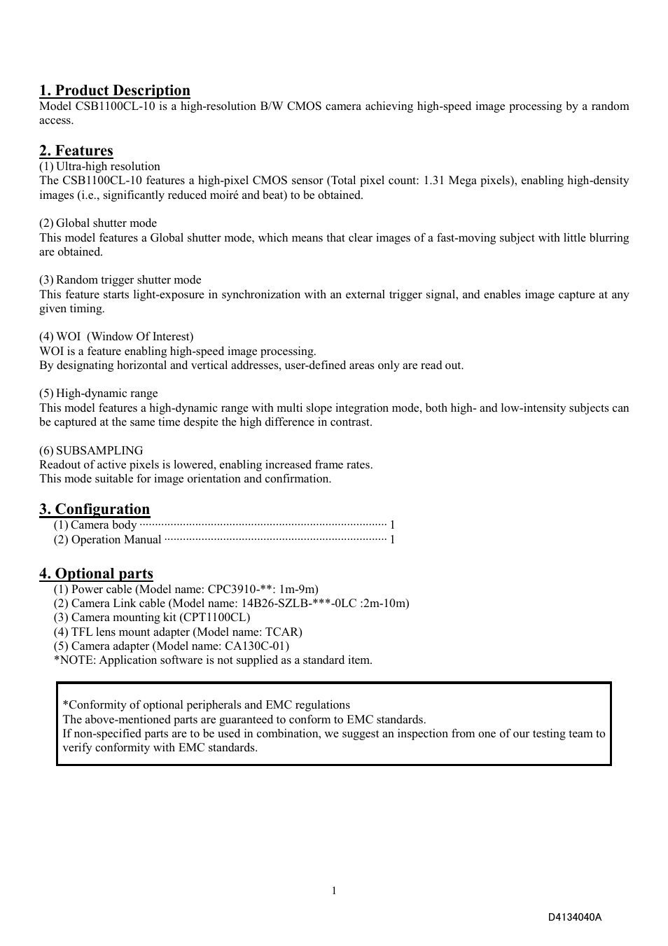 Product description, Features, Configuration | Optional parts | Toshiba CSB1100CL-10 User Manual | Page 7 / 16