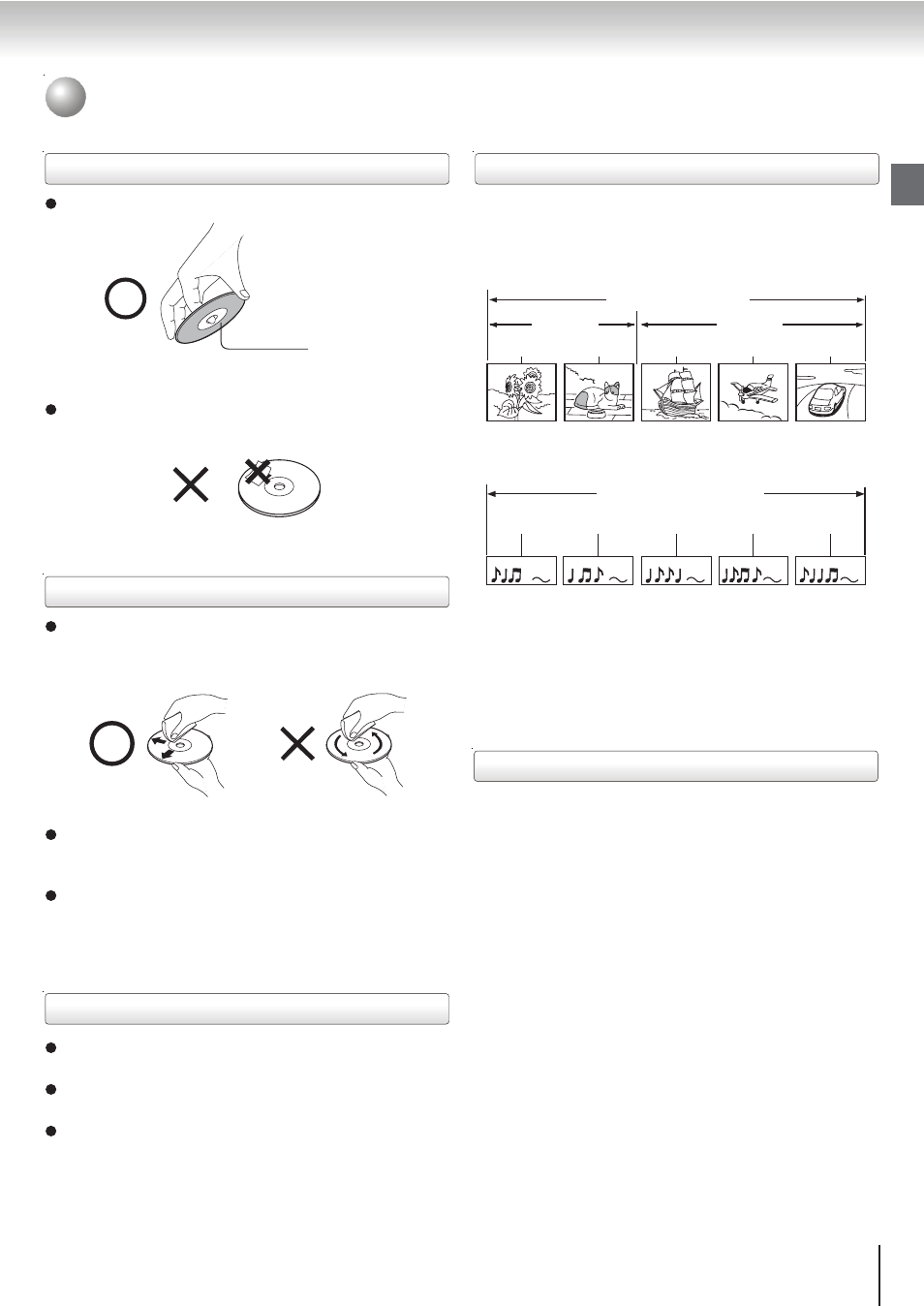 On handling discs, On cleaning discs, On storing discs | Structure of disc contents | Toshiba SD-5915SC User Manual | Page 7 / 52