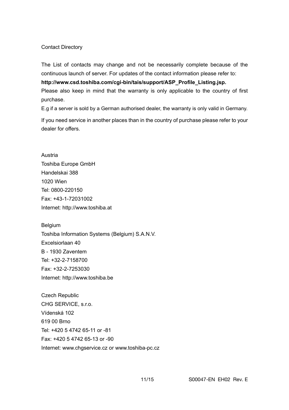 Austria, Belgium, Czech republic | Toshiba 510D User Manual | Page 11 / 15