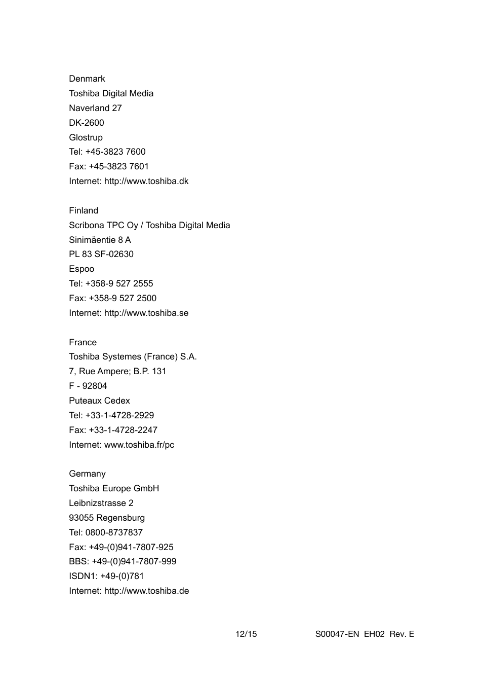 Denmark, Finland, France | Germany | Toshiba 510D User Manual | Page 12 / 15