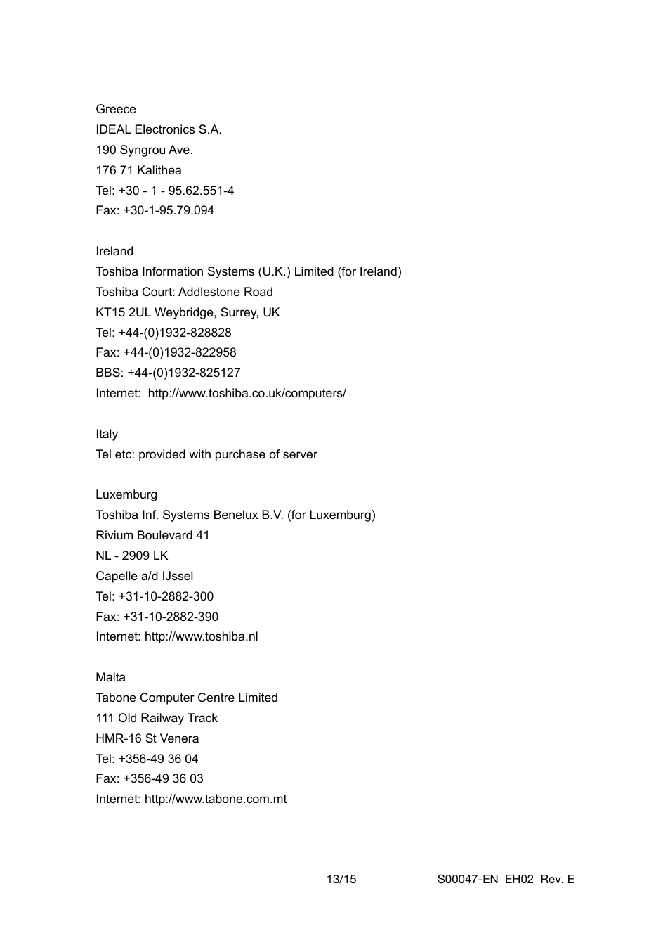 Greece, Ireland, Italy | Malta | Toshiba 510D User Manual | Page 13 / 15