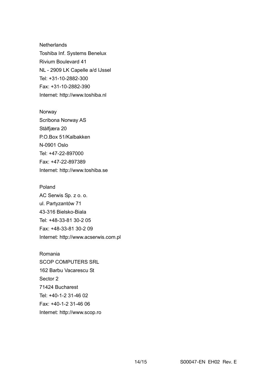 Netherlands, Norway, Poland | Romania | Toshiba 510D User Manual | Page 14 / 15