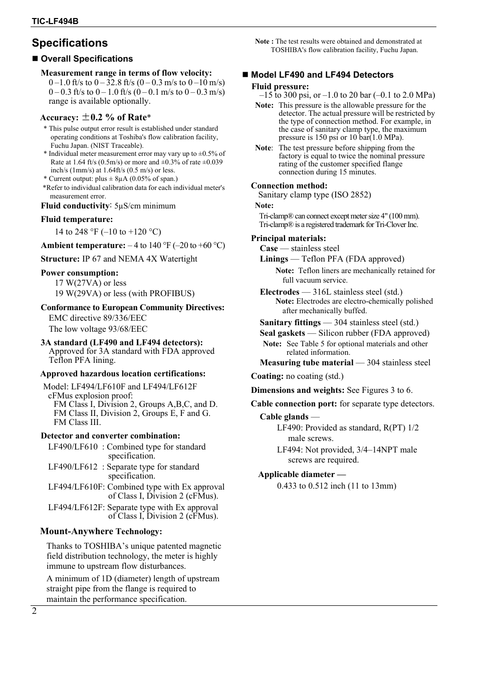 Specifications | Toshiba Sanitary Electromagnetic Flowmeter TIC-LF494B User Manual | Page 2 / 16