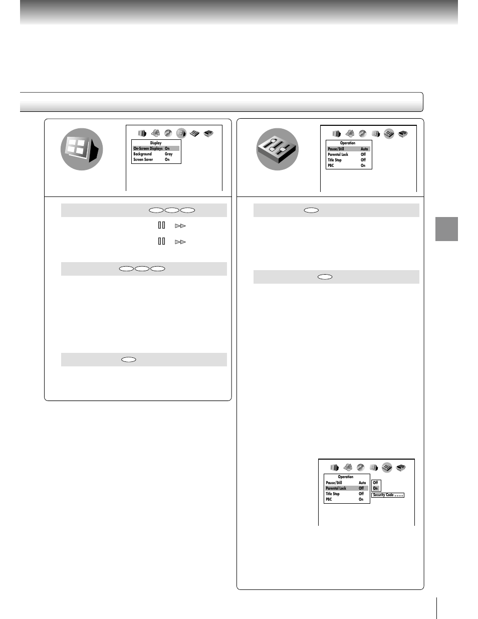 On-screen displays, Background, Screen saver | Pause/still, Parental lock, Function setup | Toshiba SD 2800 User Manual | Page 53 / 61