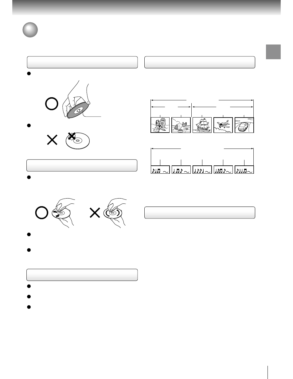 Notes on discs, On handling discs, On cleaning discs | On storing discs, Structure of disc contents | Toshiba SD 2800 User Manual | Page 9 / 61