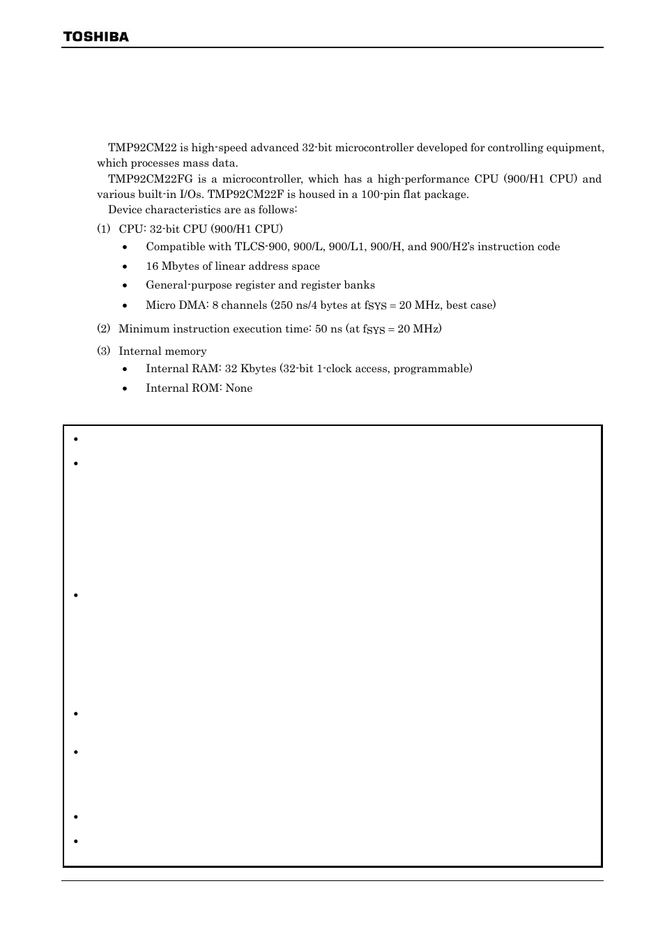 Outline and device characteristics, Cmos 32-bit microcontrollers | Toshiba H1 SERIES TLCS-900 User Manual | Page 3 / 260