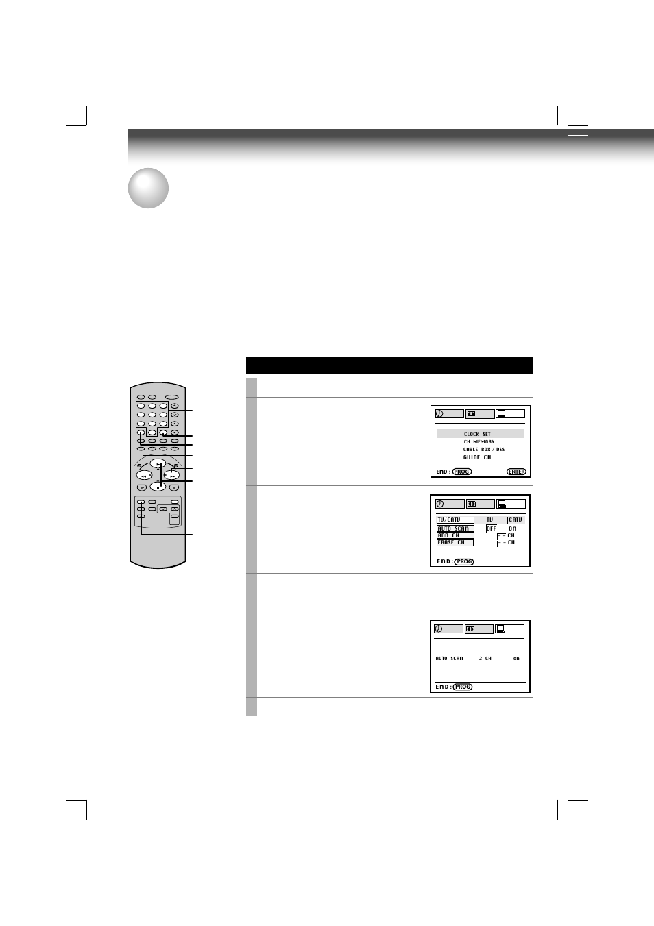 Storing channels on the vcr, Incoming antenna/cable(catv) signals, Press prog . to display the menu screen | Select “preset” using ff or rew , and press enter, Set “tv/catv“ to “tv” or “catv” using ff or rew, Press prog. three times to exit | Toshiba W-609 User Manual | Page 16 / 47