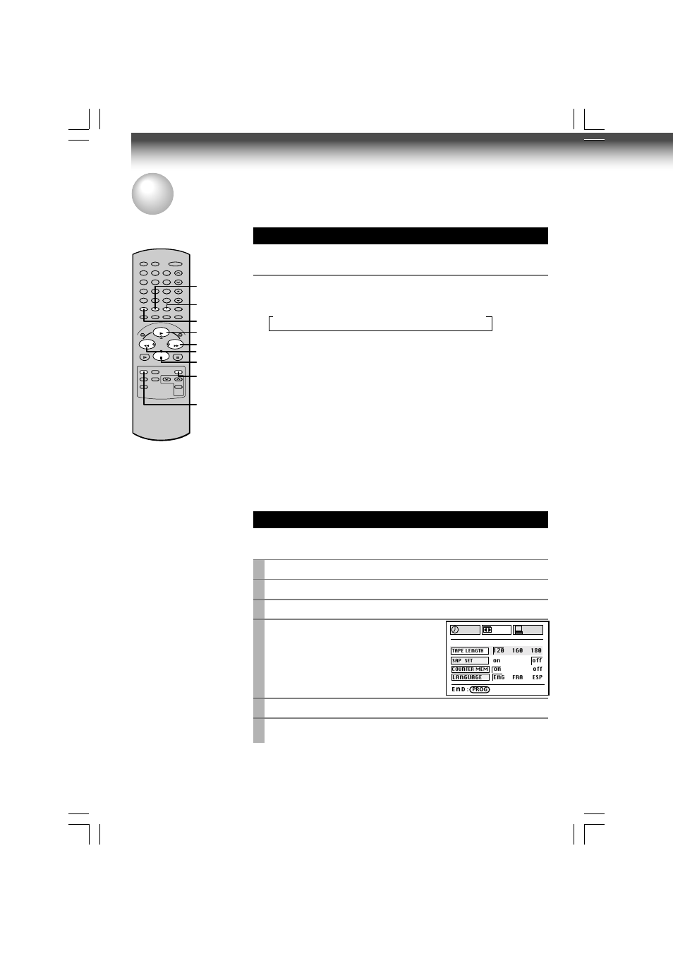 Useful functions in tape operation, Tape remaining time, Counter function | Turn on the vcr and load a cassette, Press prog. to display the menu screen, Select “set up” using ff or rew , and press enter, Select the length of the tape, using ff or rew, Press prog . twice to exit, Press remain/counter | Toshiba W-609 User Manual | Page 22 / 47