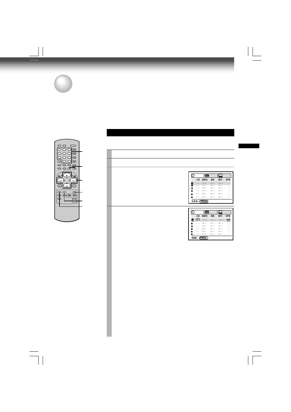 Timer program recording, Timer programming procedure, Load a cassette with the safety tab attached | Press prog . to display the menu screen, Select “program” using ff or rew , and press enter | Toshiba W-609 User Manual | Page 25 / 47