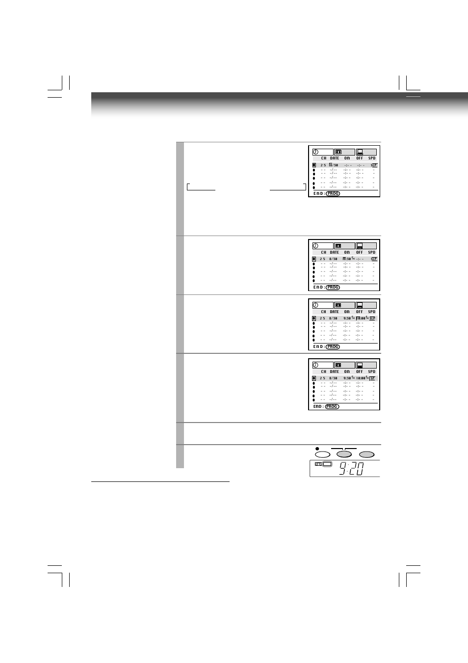 Timer program recording (continued), Move to the next, and set the recording off time, Press prog | Press both timer simultaneously, Auto speed select | Toshiba W-609 User Manual | Page 26 / 47