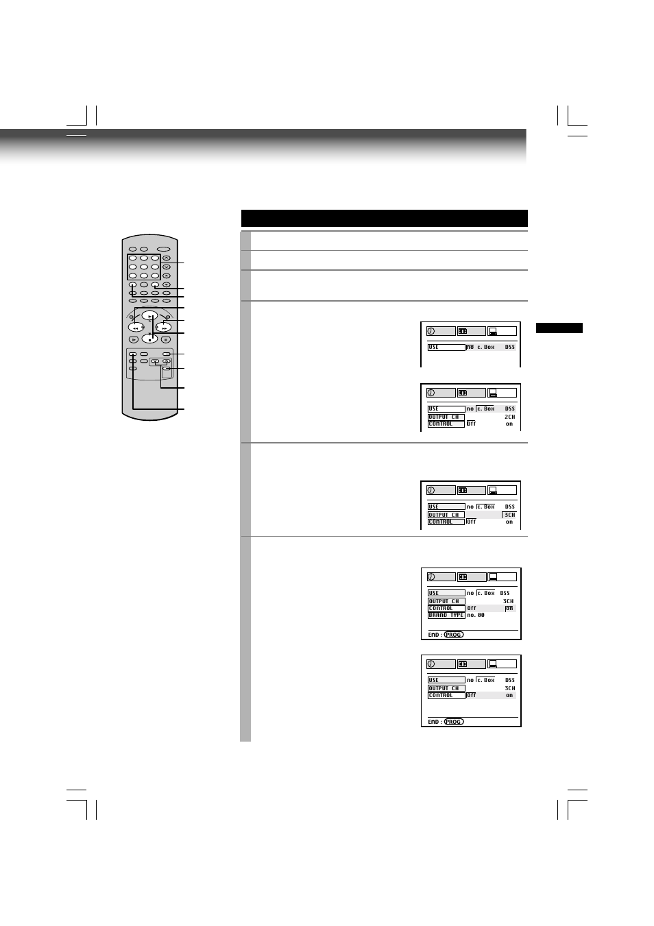 Cable box set-up, Press prog. to display the menu screen, Select “preset” using ff or rew , and press enter | Toshiba W-609 User Manual | Page 33 / 47