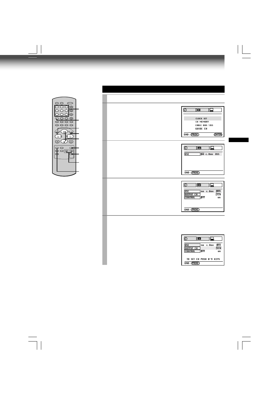 Satellite receiver set-up, Press prog . to display the menu screen, Select “preset” using ff or rew , and press enter | Select “dss” using ff | Toshiba W-609 User Manual | Page 37 / 47