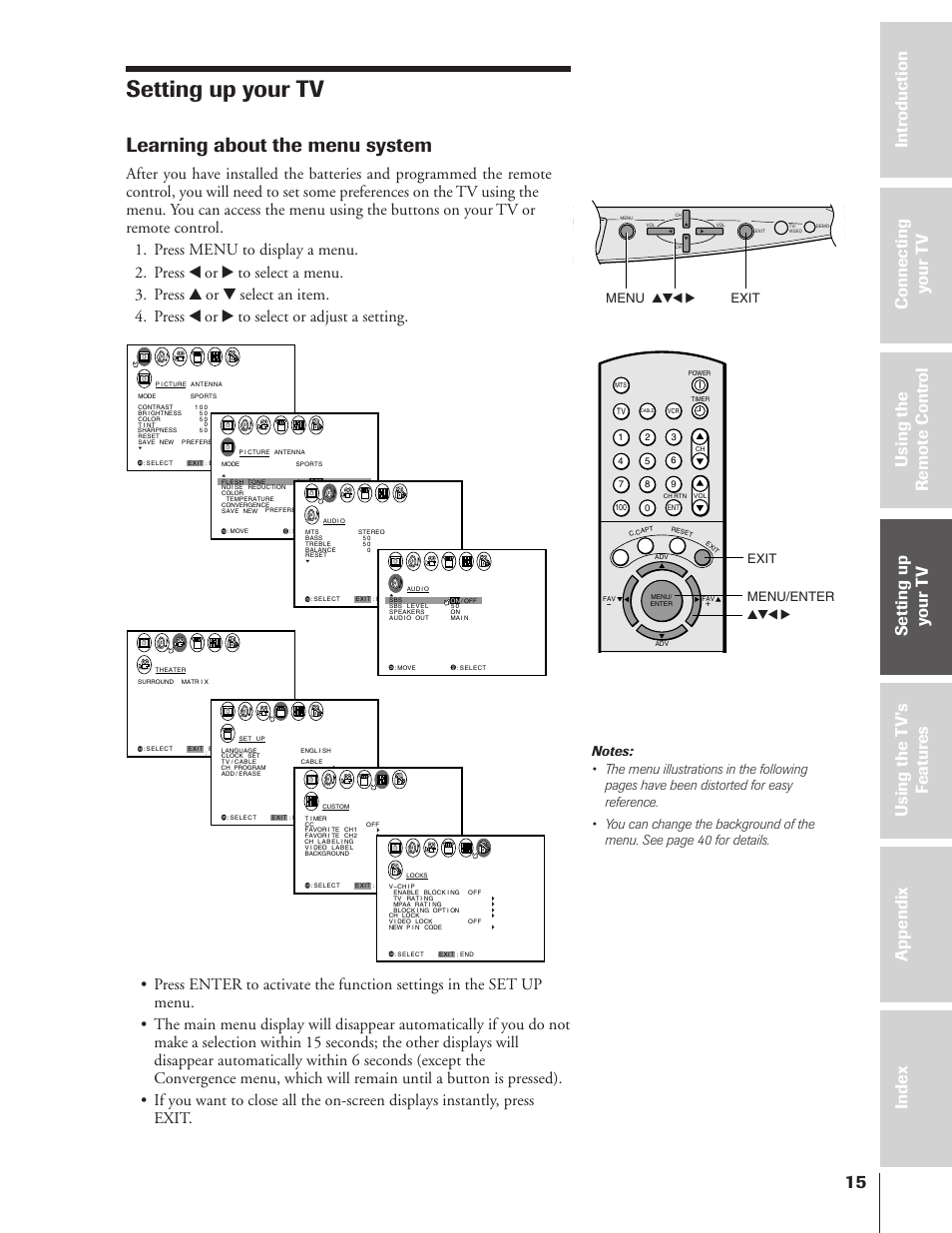 Setting up your tv, Learning about the menu system, Menu yzx • exit yzx • exit menu/enter | Toshiba 50A10 User Manual | Page 15 / 46