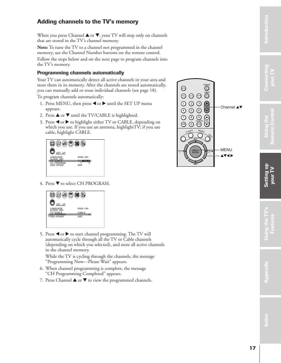 Adding channels to the tv's memory, Programming channels automatically, Press z to select ch program | Menu yzx • channel yz | Toshiba 50A10 User Manual | Page 17 / 46
