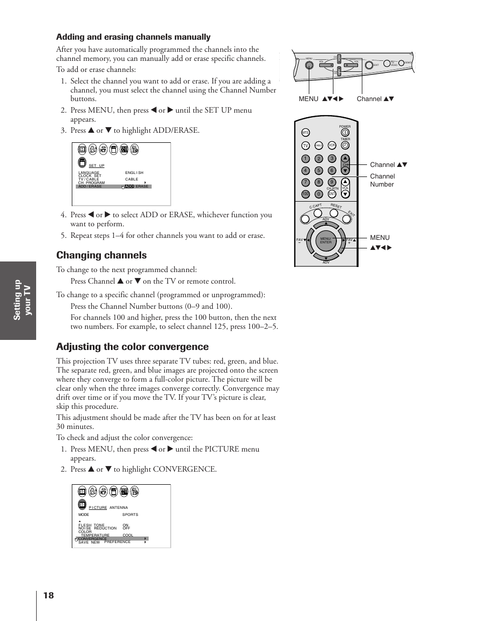 Changing channels, Adjusting the color convergence, Adding and erasing channels manually | Toshiba 50A10 User Manual | Page 18 / 46