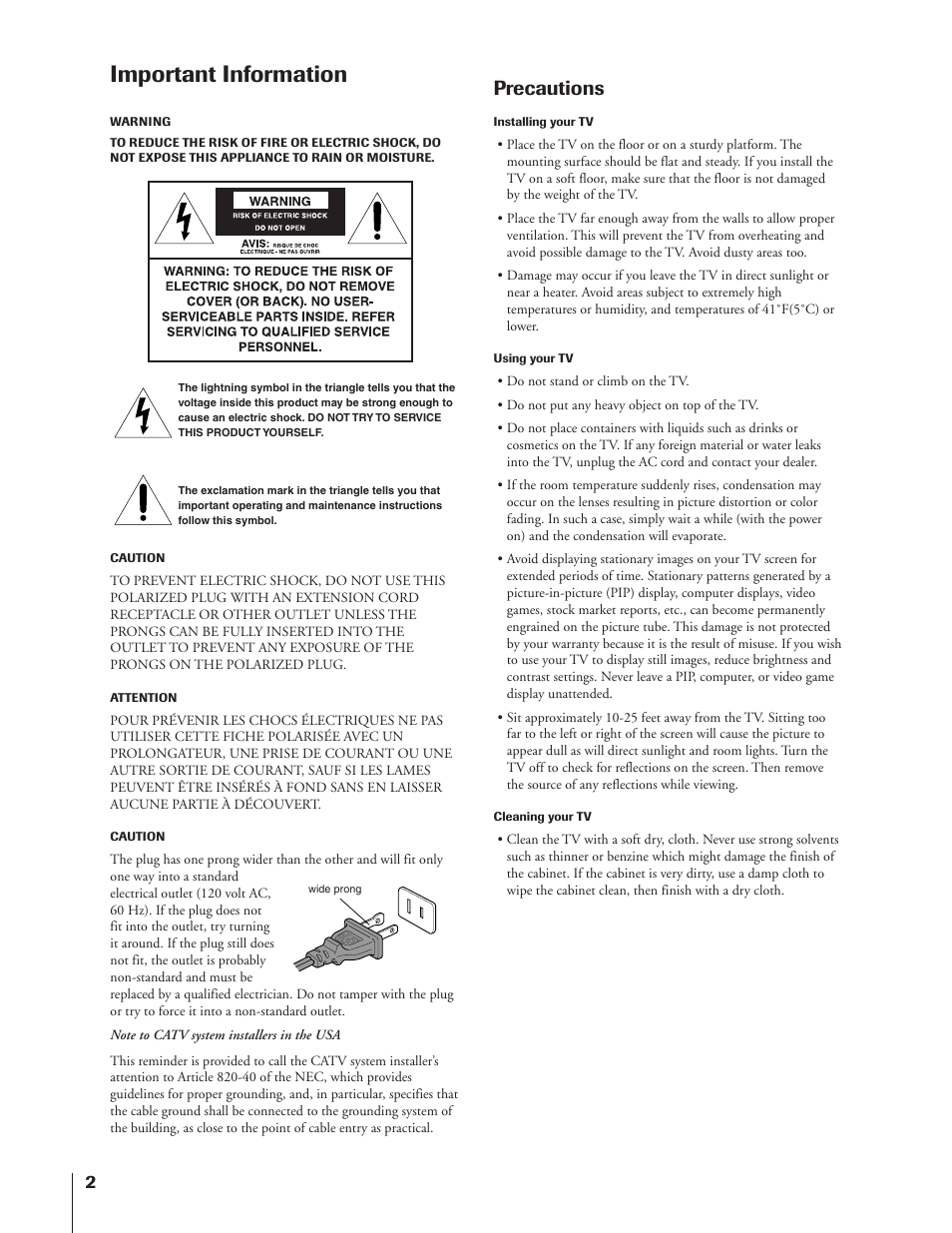 Important information & precautions, Important information, Precautions | Toshiba 50A10 User Manual | Page 2 / 46
