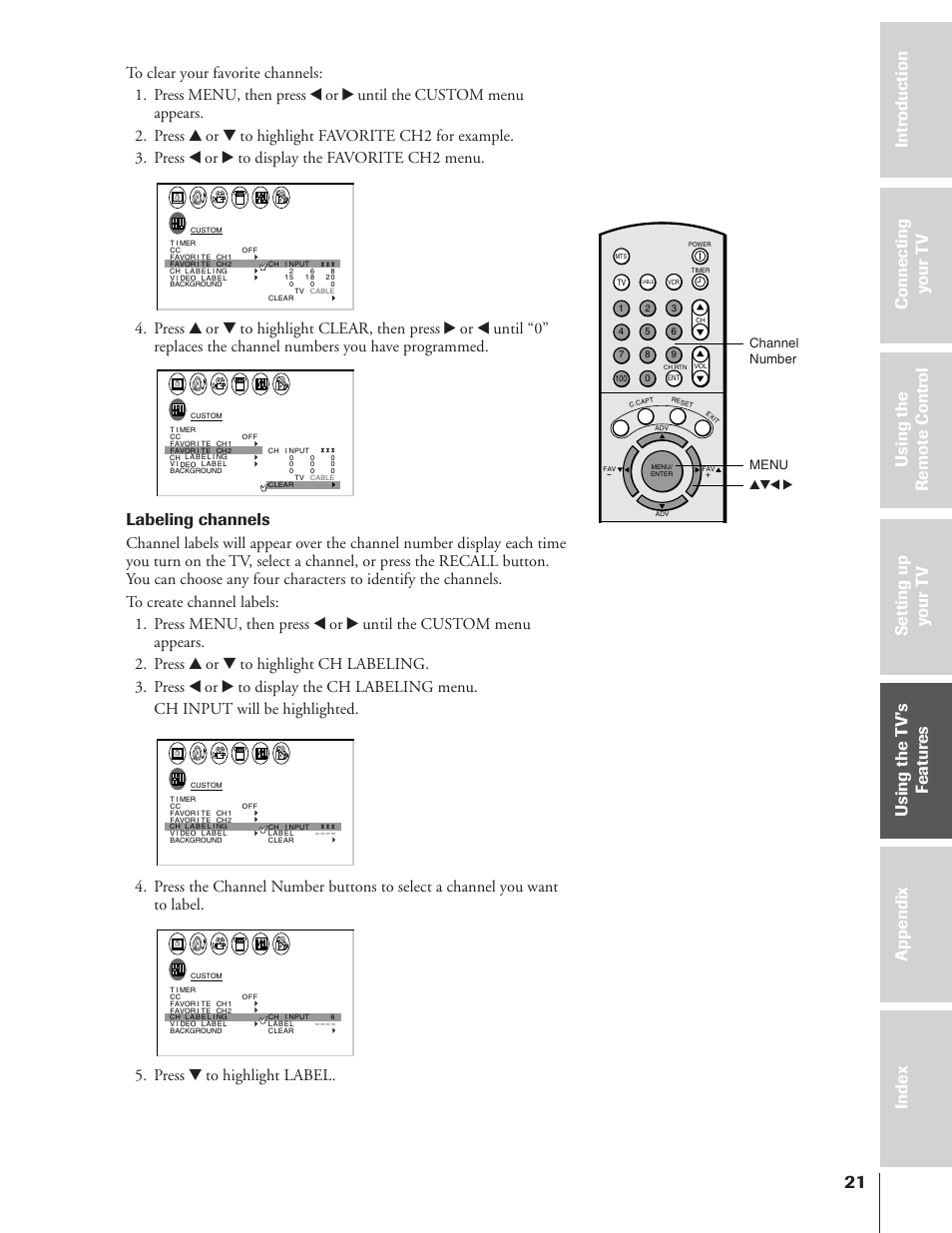 Labeling channels, Press z to highlight label, Channel number yzx • menu | Toshiba 50A10 User Manual | Page 21 / 46