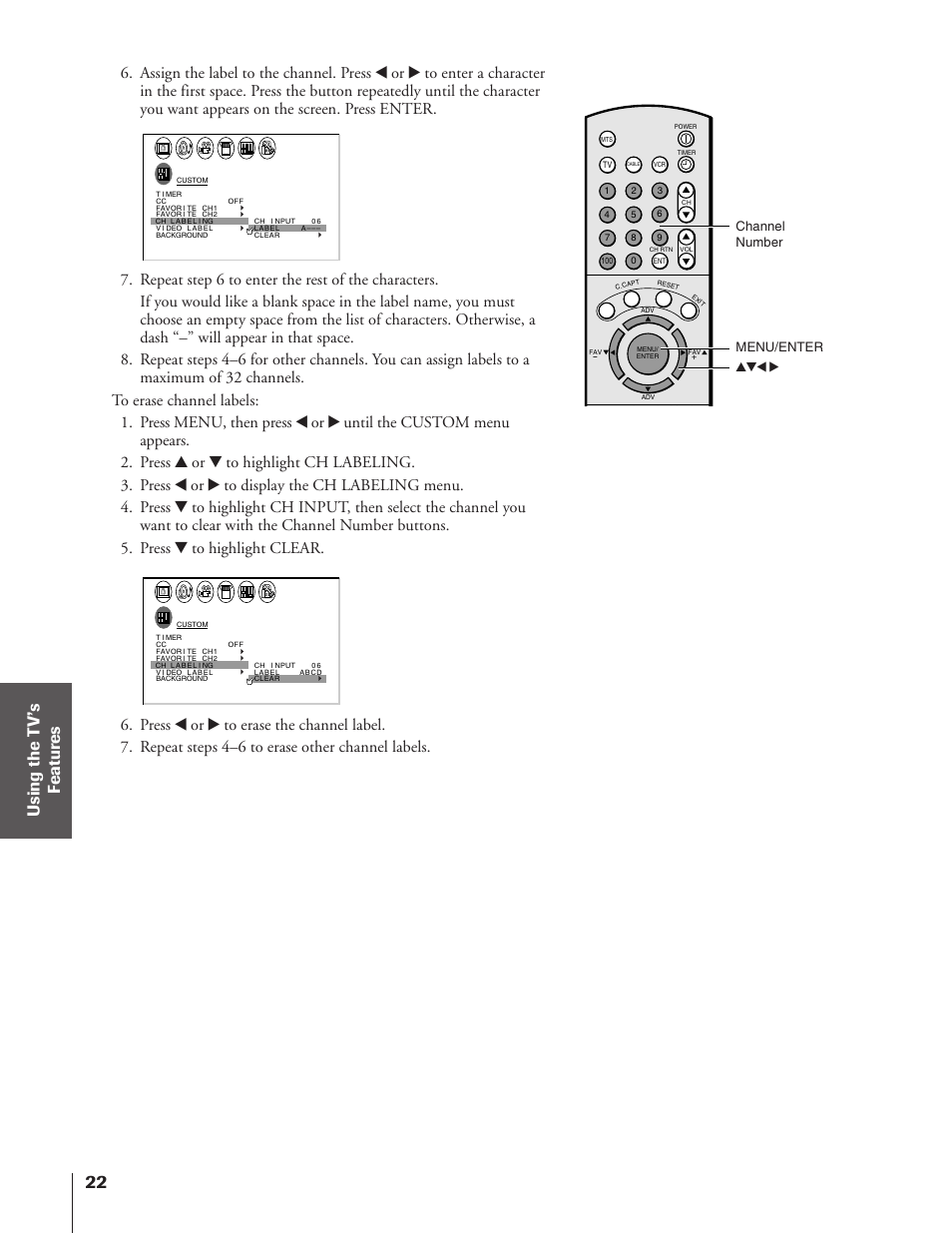 Channel number menu/enter yzx | Toshiba 50A10 User Manual | Page 22 / 46
