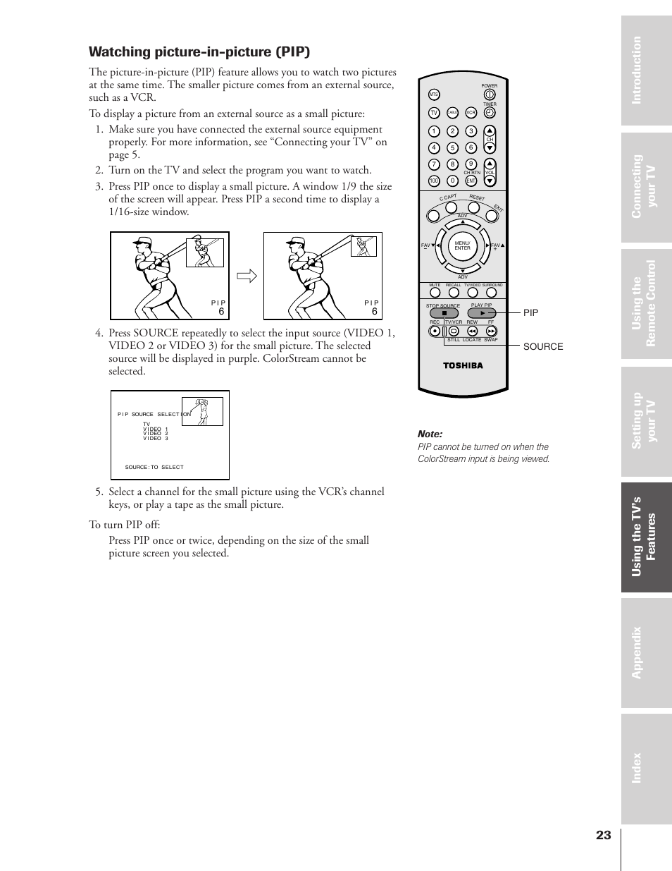 Watching picture-in-picture (pip) | Toshiba 50A10 User Manual | Page 23 / 46