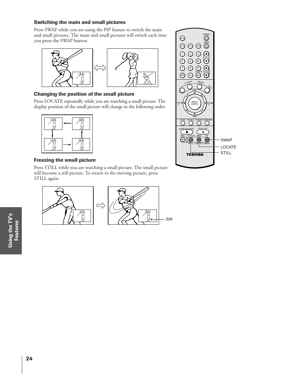 Switching the main and small pictures, Changing the position of the small picture, Freezing the small picture | Toshiba 50A10 User Manual | Page 24 / 46