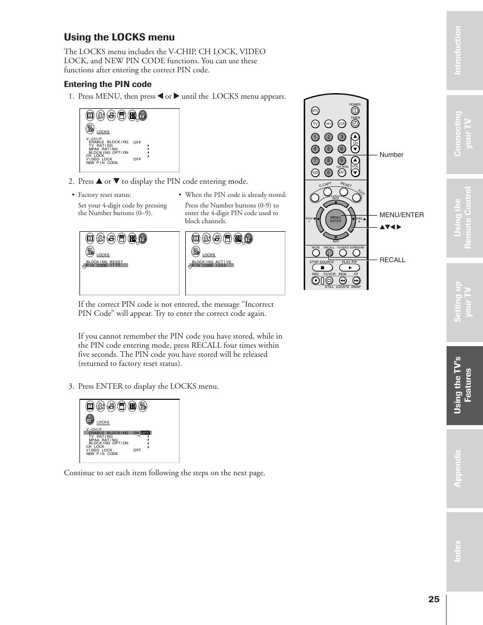 Using the locks menu, Entering the pin code, Press y or z to display the pin code entering mode | Recall menu/enter yzx • number | Toshiba 50A10 User Manual | Page 25 / 46