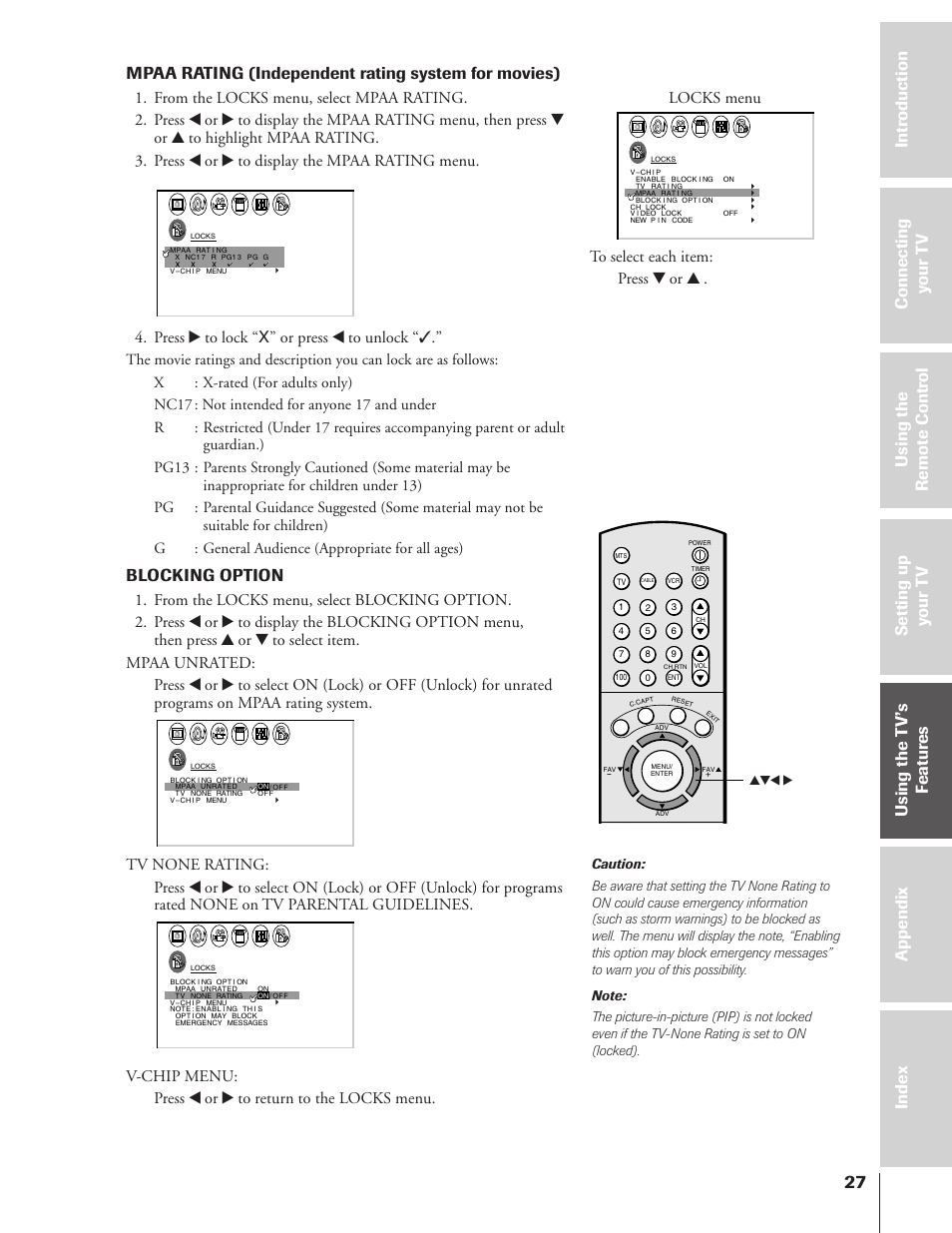 Mpaa rating, Blocking option, Mpaa rating (independent rating system for movies) | Press • to lock “ x ” or press x to unlock | Toshiba 50A10 User Manual | Page 27 / 46