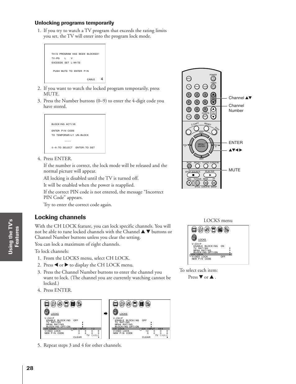 Locking channels, Unlocking programs temporarily, Repeat steps 3 and 4 for other channels | Locks menu, Channel number enter yzx • mute channel yz | Toshiba 50A10 User Manual | Page 28 / 46
