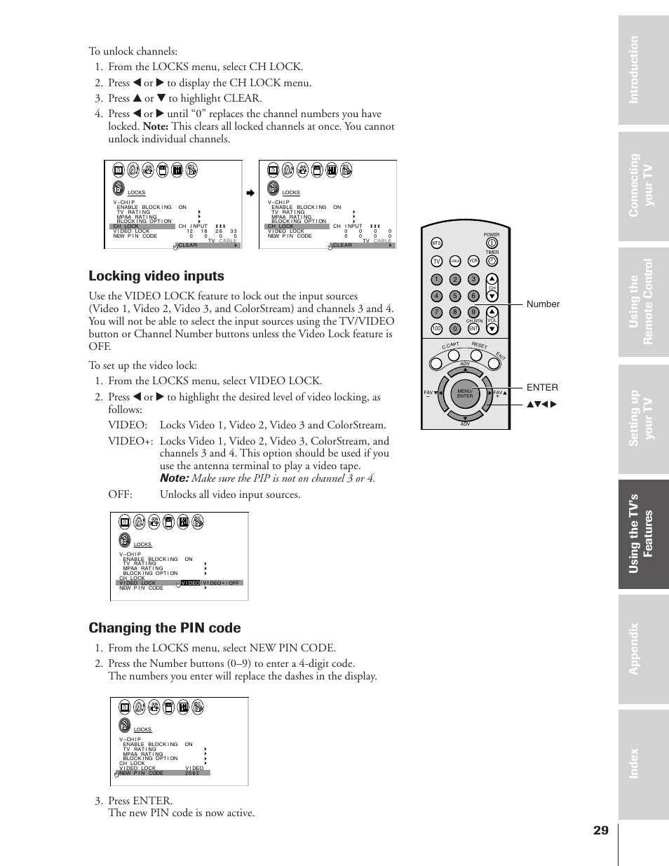 Locking video inputs, Changing the pin code, Press enter. the new pin code is now active | Number enter yzx | Toshiba 50A10 User Manual | Page 29 / 46