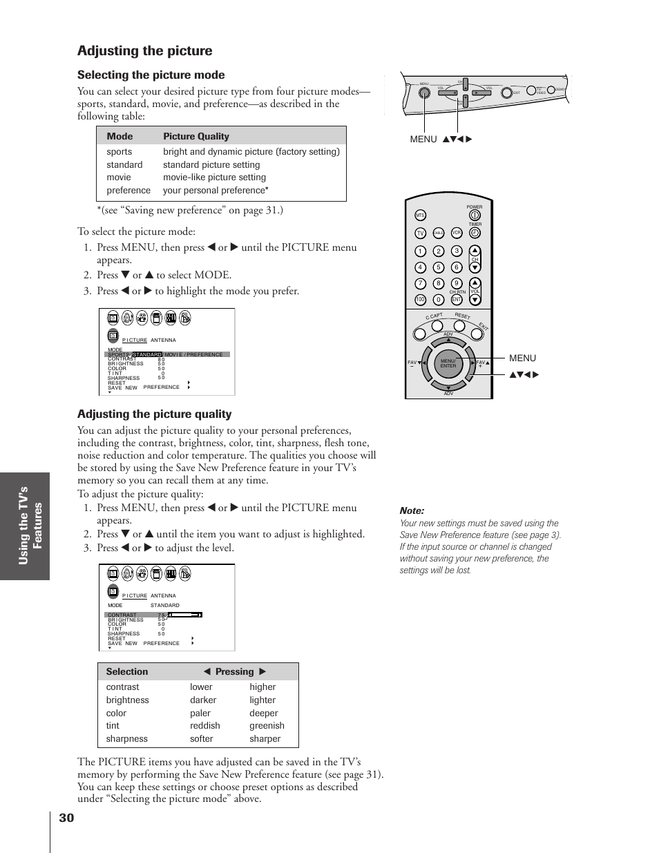 Adjusting the picture, Selecting the picture mode, Adjusting the picture quality | Menu yzx • menu yzx | Toshiba 50A10 User Manual | Page 30 / 46