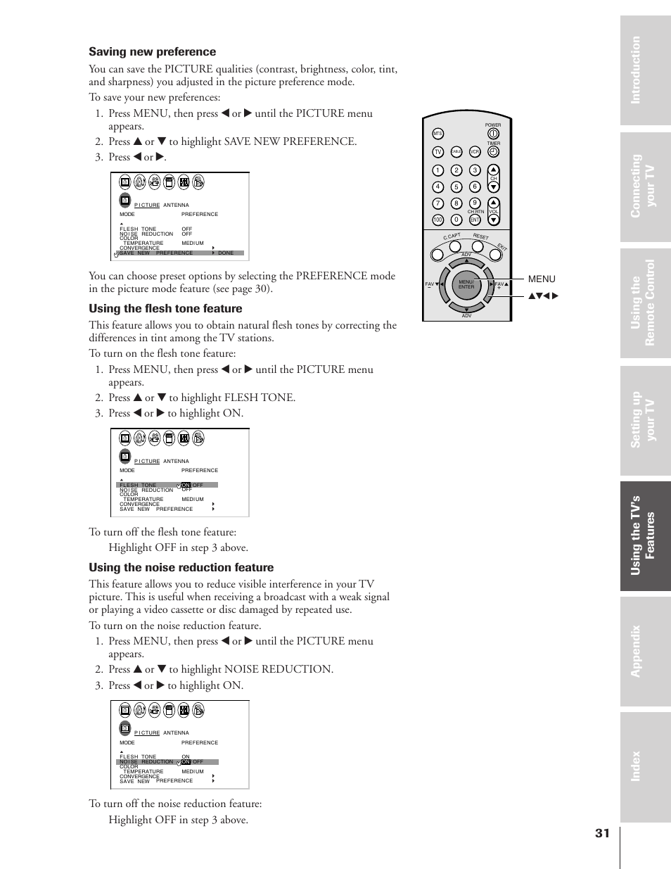 Saving new preference, Using the flesh tone feature, Using the noise reduction feature | Menu yzx | Toshiba 50A10 User Manual | Page 31 / 46
