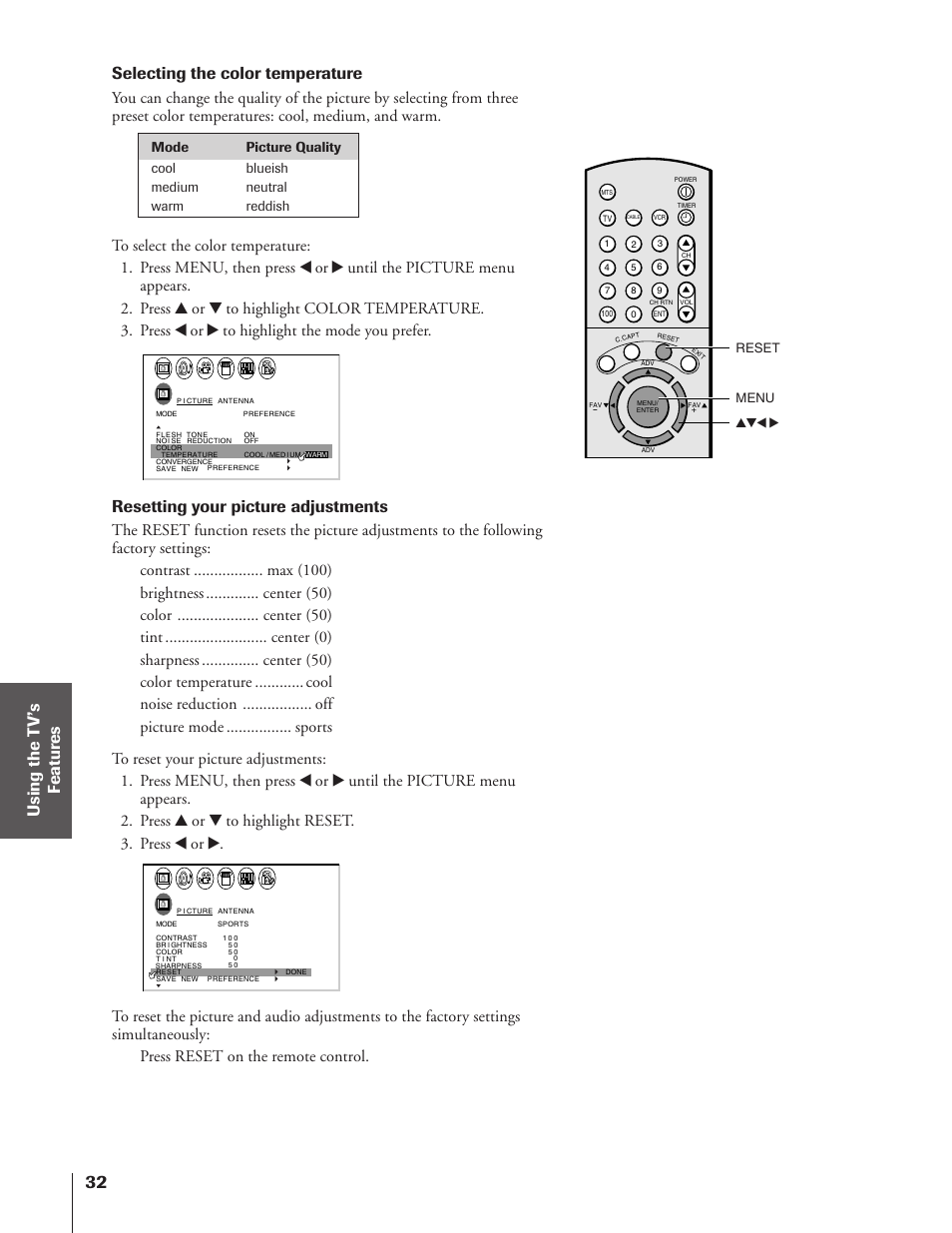 Selecting the color temperature, Resetting your picture adjustments, Menu yzx • reset | Toshiba 50A10 User Manual | Page 32 / 46