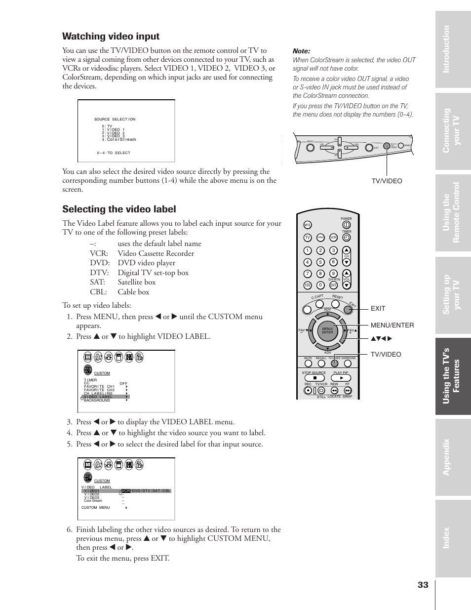 Watching video input, Selecting the video label, Tv/video menu/enter yzx • tv/video exit | Toshiba 50A10 User Manual | Page 33 / 46
