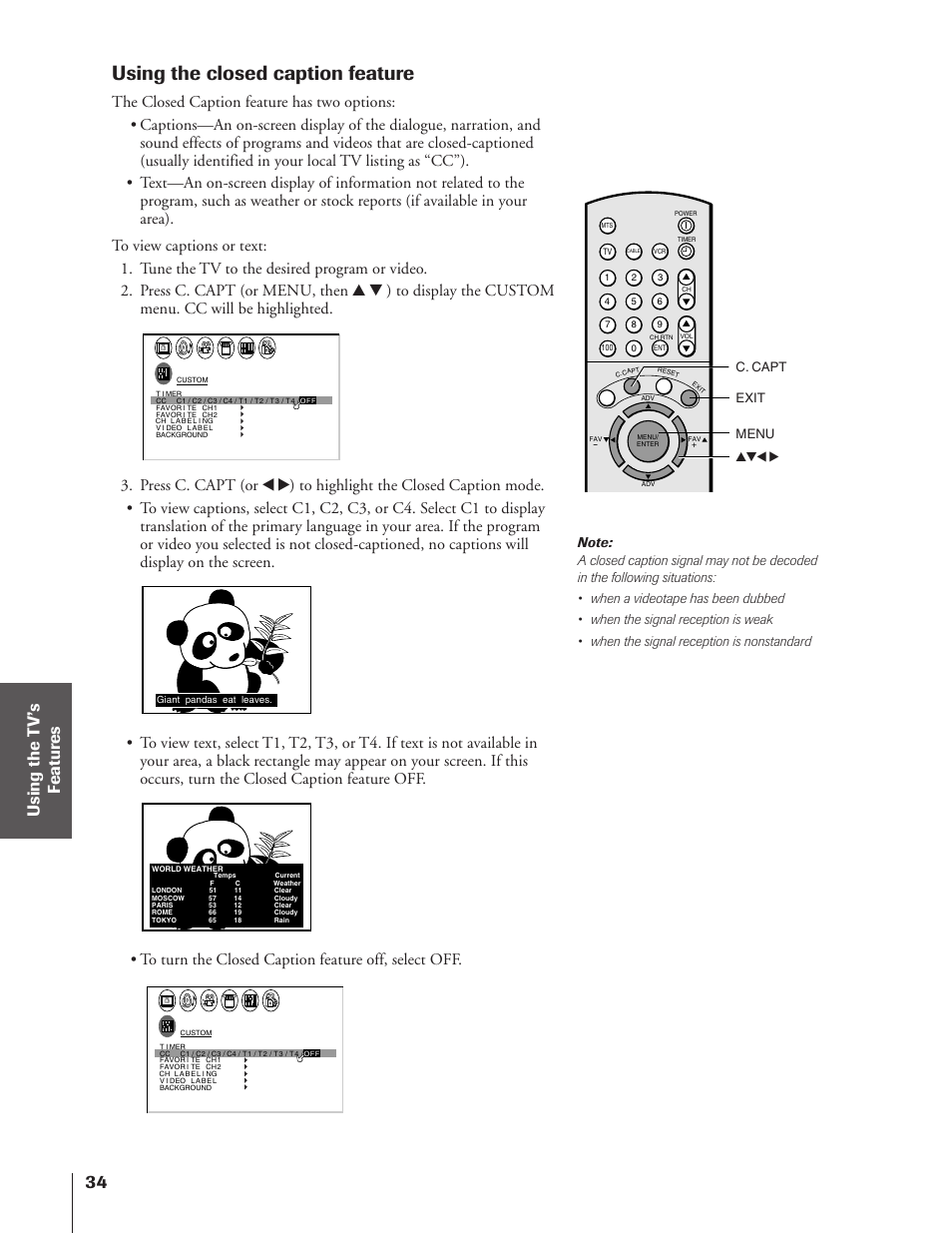 Using the closed caption feature, C. capt menu yzx • exit | Toshiba 50A10 User Manual | Page 34 / 46