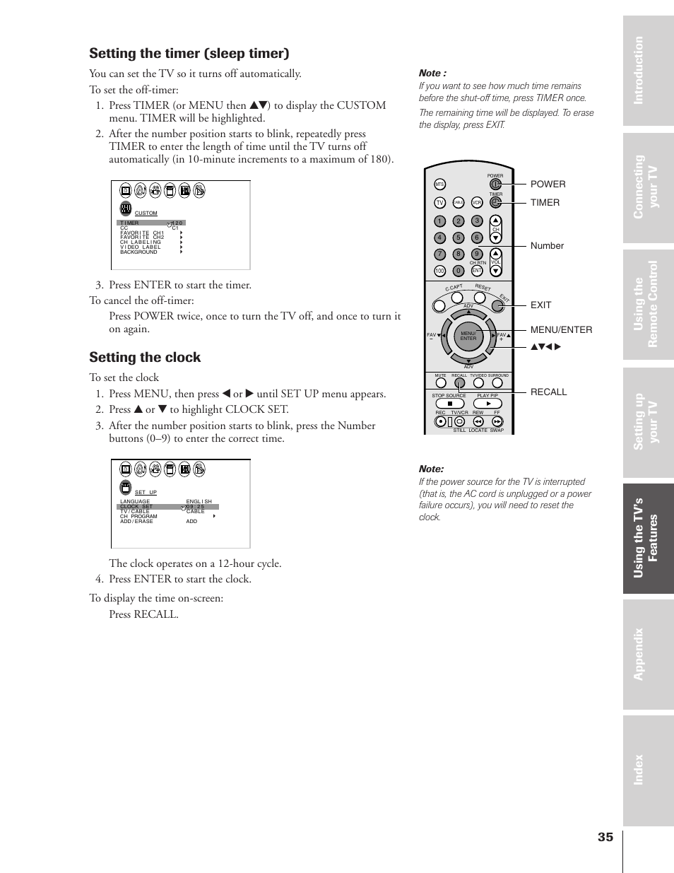 Setting the sleep timer & clock, Setting the timer (sleep timer), Setting the clock | Recall power yzx • menu/enter number, Timer, Exit | Toshiba 50A10 User Manual | Page 35 / 46