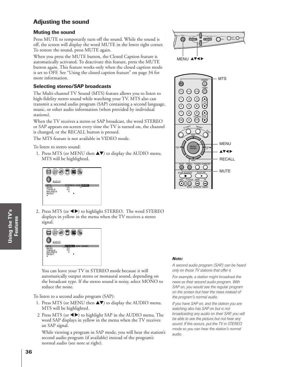 Adjusting the sound, Muting the sound, Selecting stereo/sap broadcasts | Yzx • menu, Yzx • menu mts recall mute | Toshiba 50A10 User Manual | Page 36 / 46