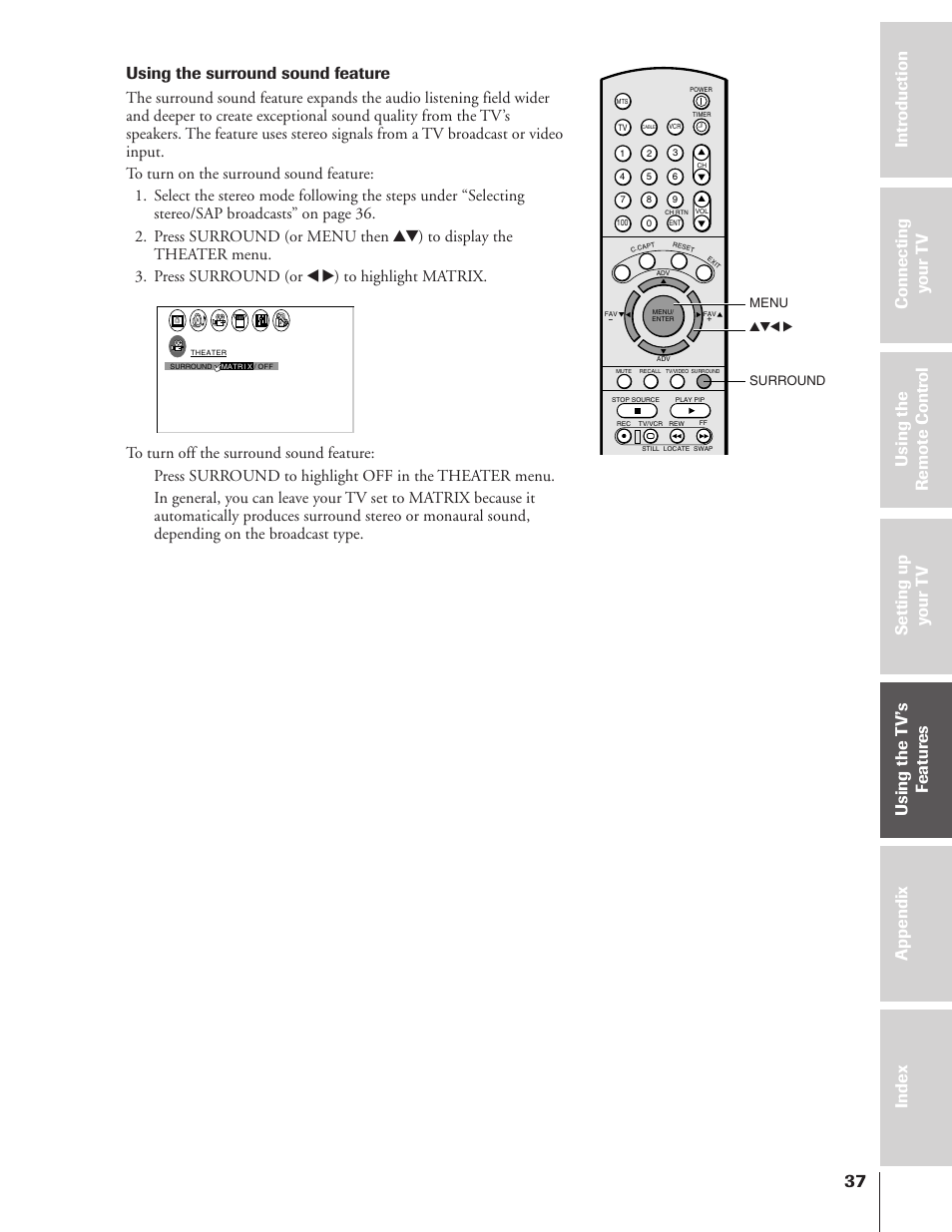 Using the surround sound feature, Yzx • menu surround | Toshiba 50A10 User Manual | Page 37 / 46