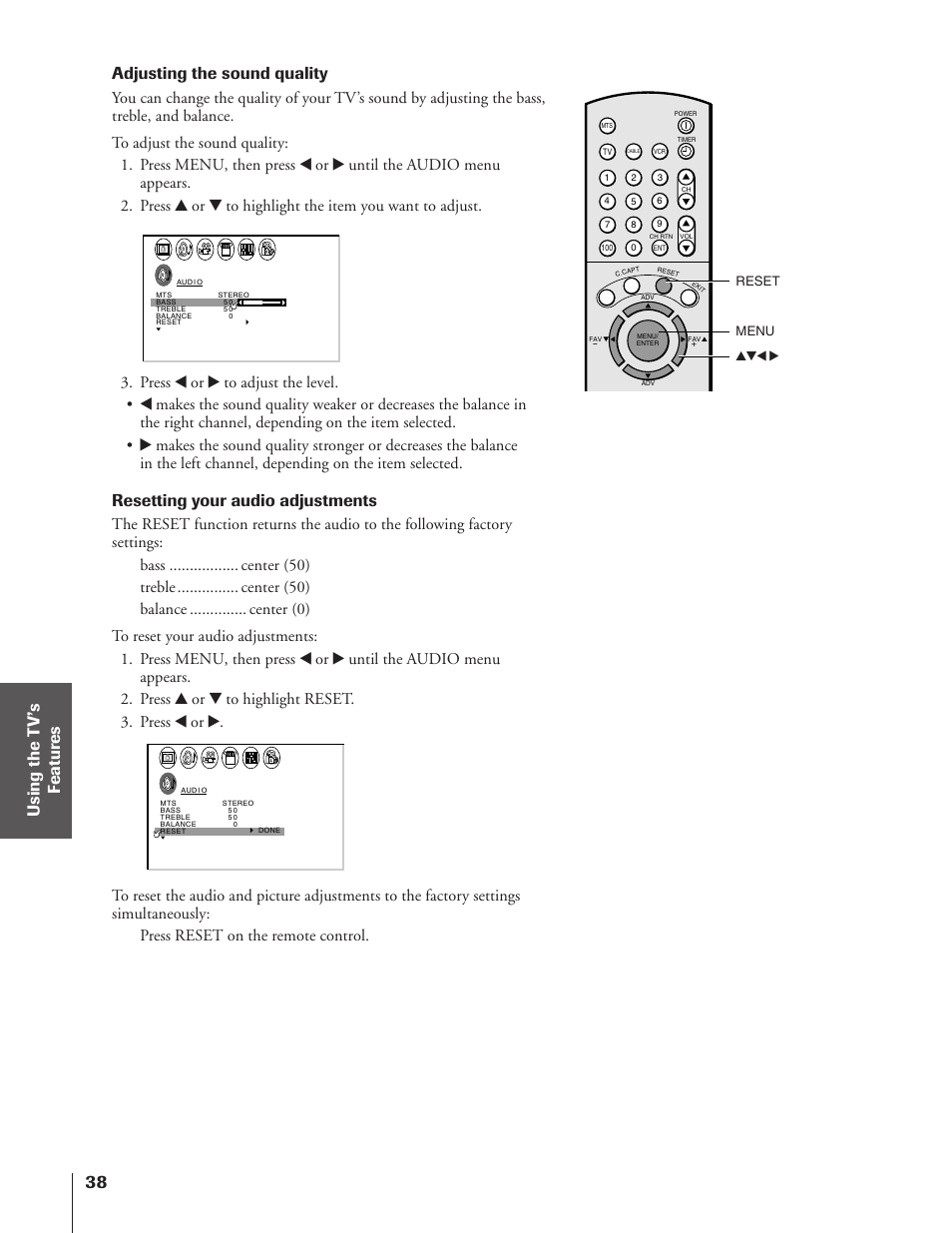 Adjusting the sound quality, Resetting your audio adjustments, Yzx • menu reset | Toshiba 50A10 User Manual | Page 38 / 46