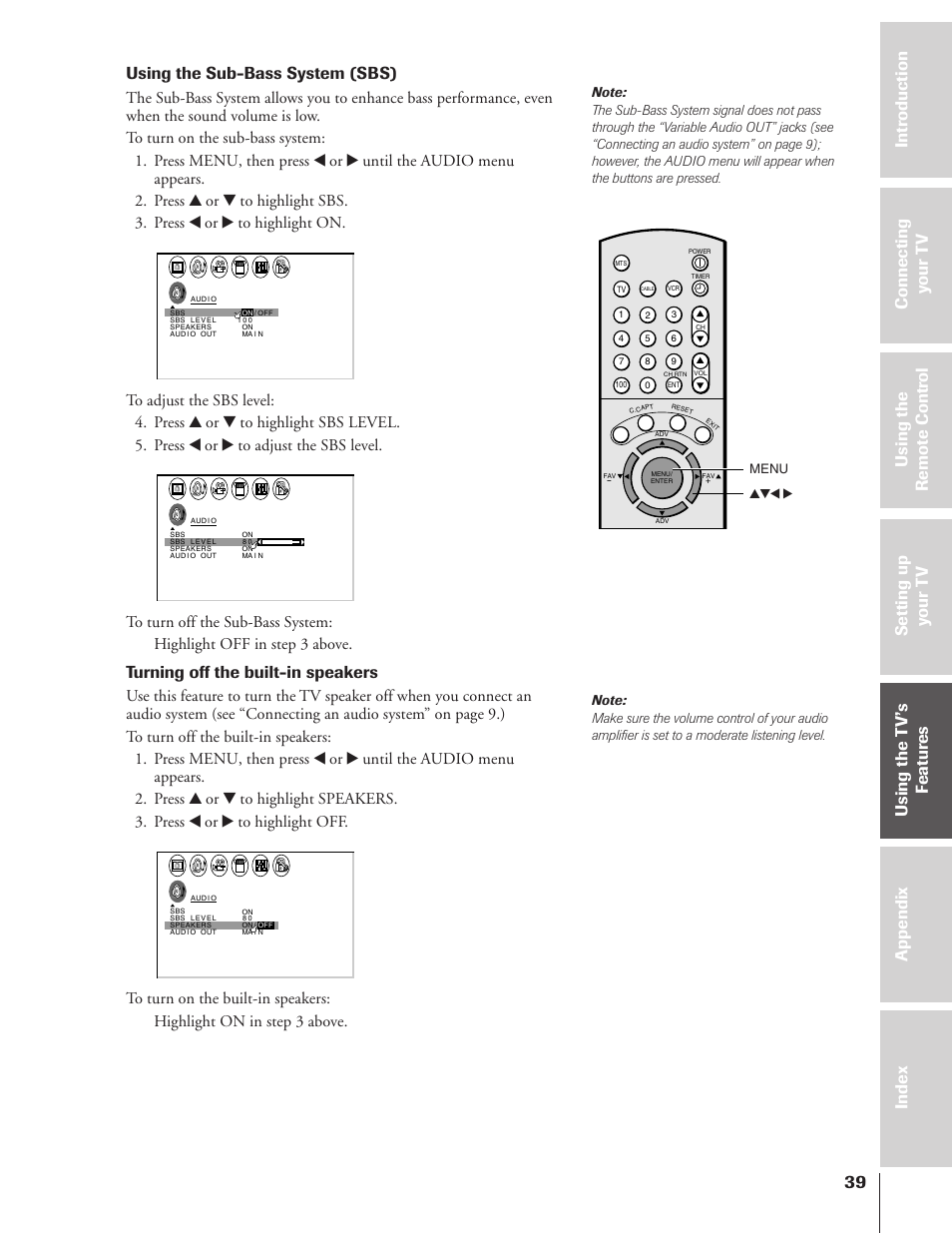 Using the sub-bass system (sbs), Turning off the built-in speakers, Yzx • menu | Toshiba 50A10 User Manual | Page 39 / 46