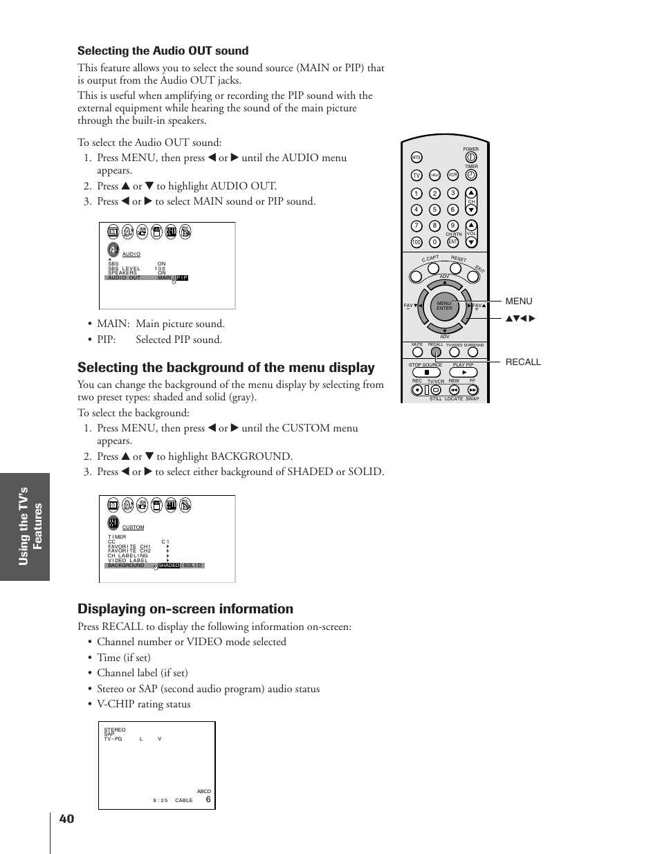 Selecting the background of the menu display, Displaying on-screen information, Selecting the audio out sound | Yzx • menu recall | Toshiba 50A10 User Manual | Page 40 / 46