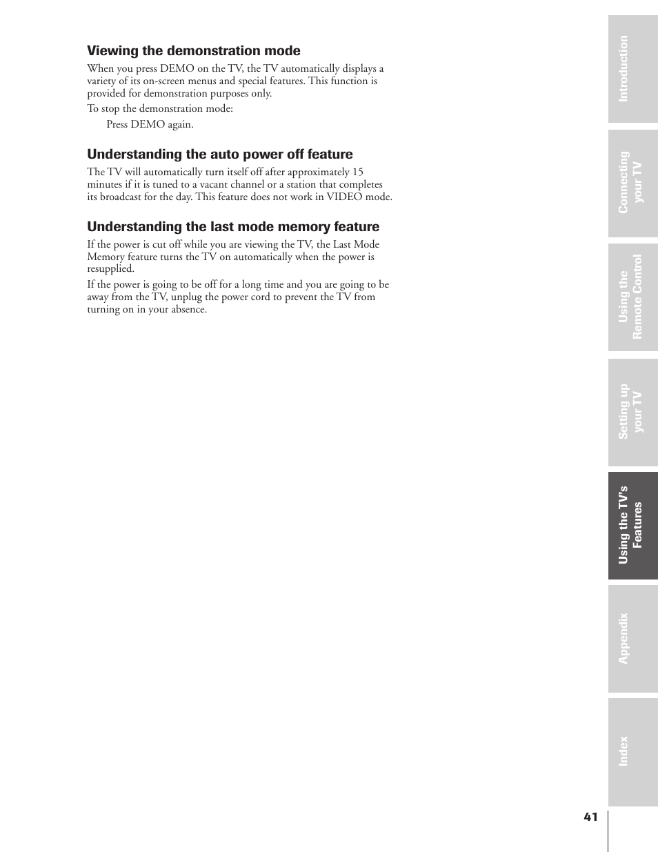 Understanding last mode memory feature | Toshiba 50A10 User Manual | Page 41 / 46