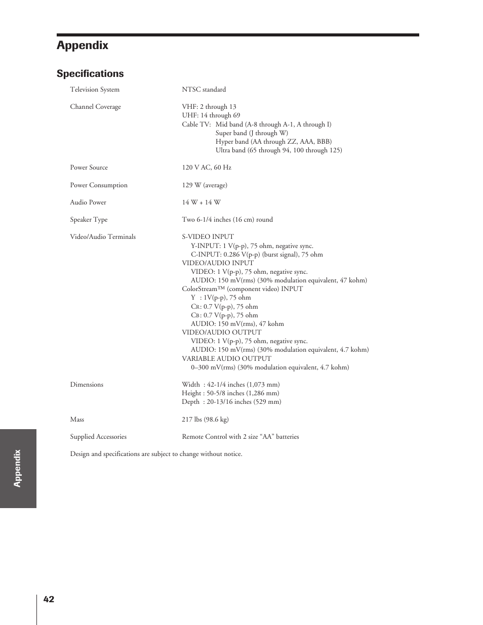 Appendix, Specifications | Toshiba 50A10 User Manual | Page 42 / 46