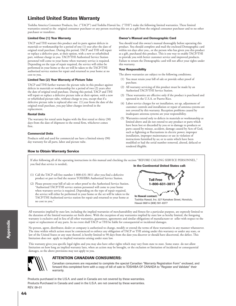 Limited warranty, Limited united states warranty | Toshiba 50A10 User Manual | Page 44 / 46