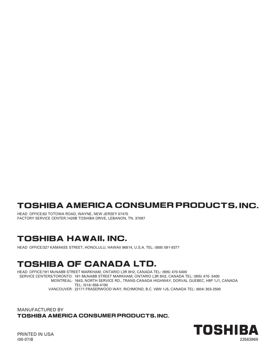 Back cover | Toshiba 50A10 User Manual | Page 46 / 46