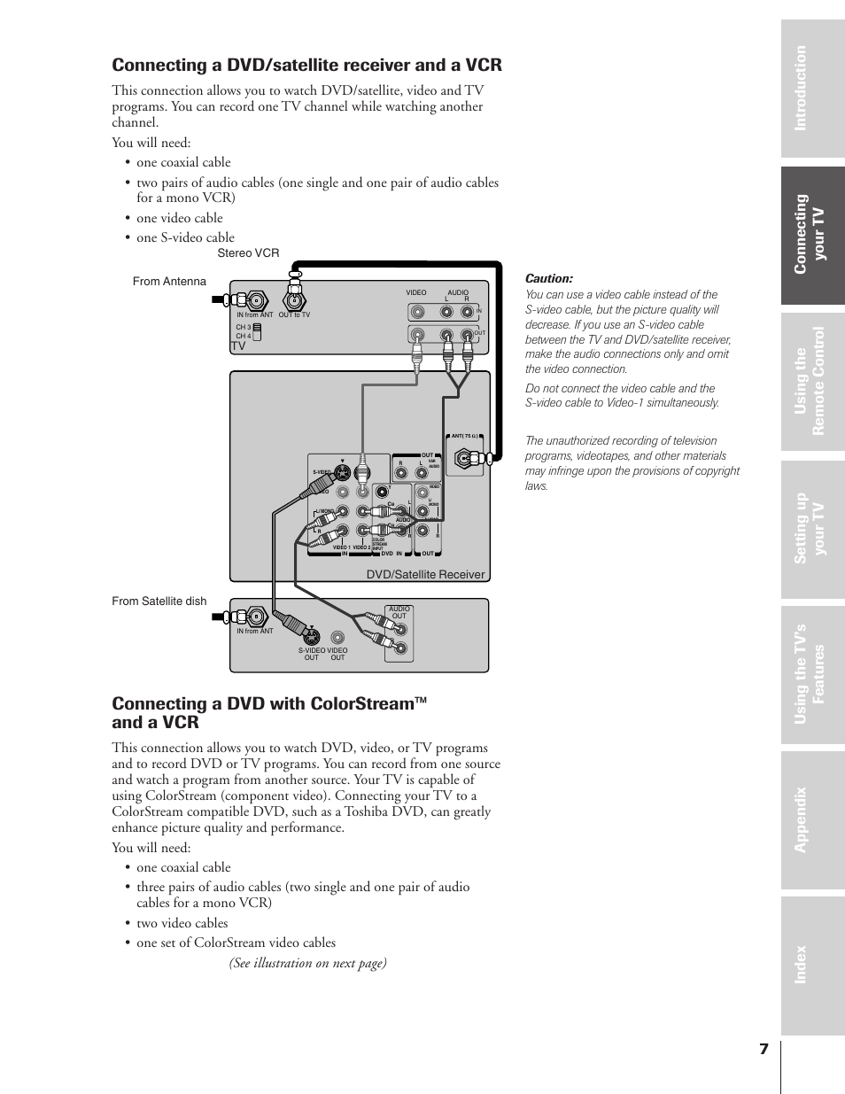 Dvd/satellite receiver and a vcr, Dvd with colorstream and a vcr, Connecting a dvd/satellite receiver and a vcr | Connecting a dvd with colorstream™ and a vcr | Toshiba 50A10 User Manual | Page 7 / 46