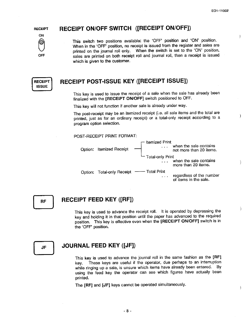 Receipt on/off switch ([receipt on/off]), Receipt post-issue key ([receipt issue]), Receipt feed key ([rf]) | Journal feed key ([jf]) | Toshiba TEC MA-206 User Manual | Page 12 / 78