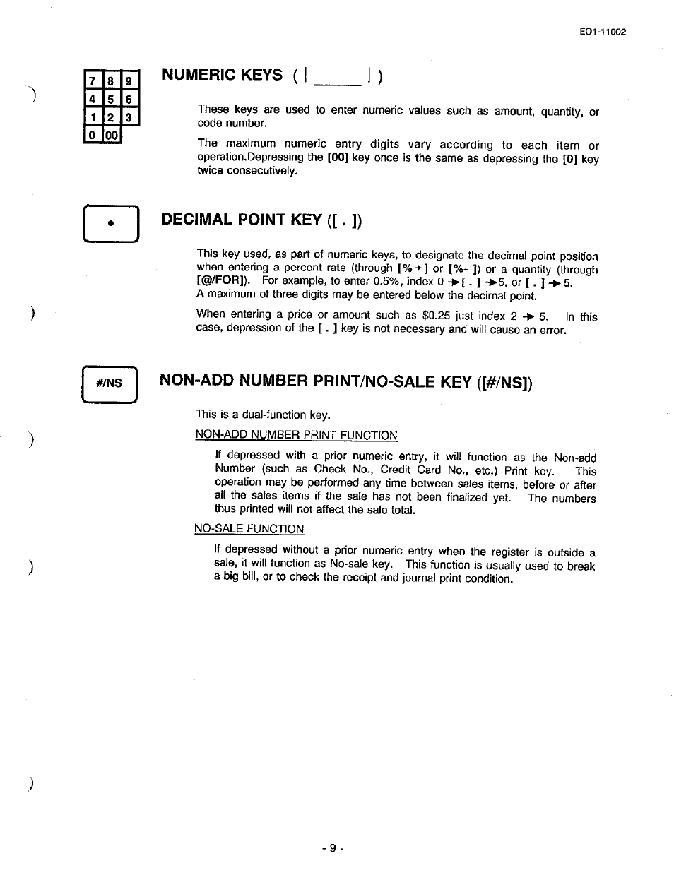 Decimal point key ([. ]), Non-add number print/no-sale key ([#/ns]), Numeric keys | Toshiba TEC MA-206 User Manual | Page 13 / 78